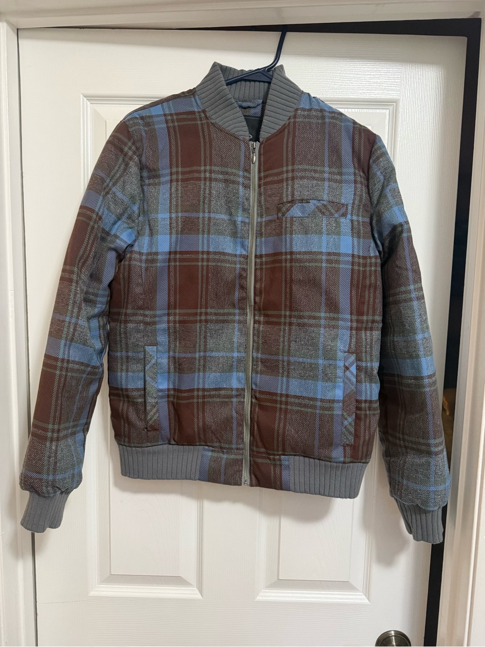 Prana Plaid Bomber Jacket in Brown & Light Blue WOMENS MED. NWOT